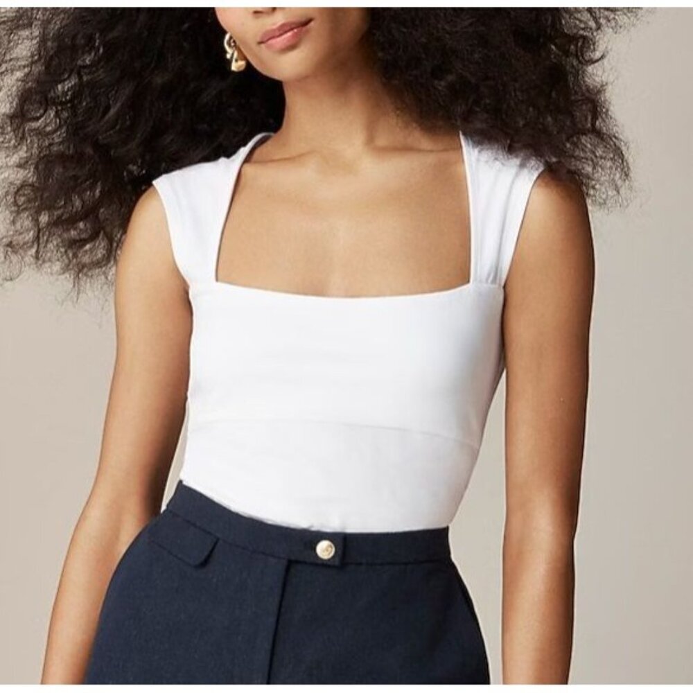 J.Crew Squareneck cap-sleeve top in stretch cotton blend white sz L